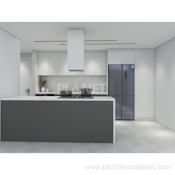 Trendy minimalist modern grey and white kitchen cabinets